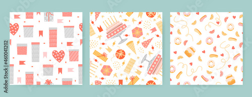Cute set of seamless birthday patterns with gift boxes, cakes, sweets and decorations isolated on white background.