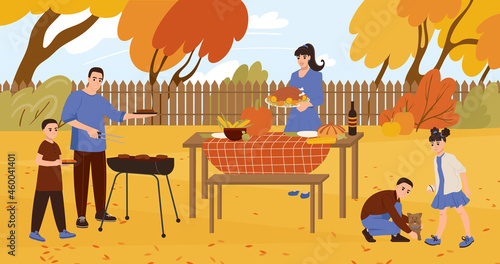 The whole family celebrates Thanksgiving in the backyard. Husband and wife with children are preparing a festive dinner in outdoors. Flat vector illustration