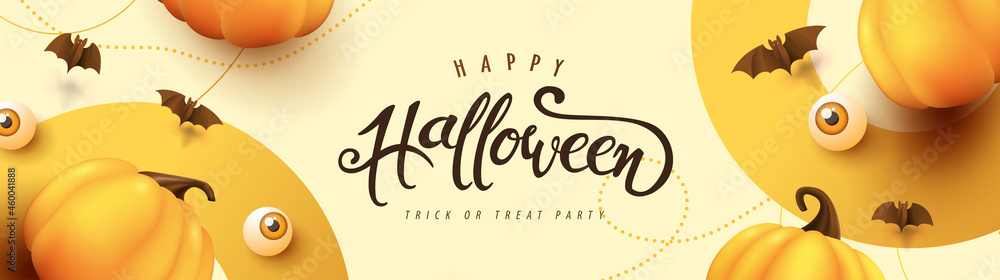 Happy Halloween banner or party invitation background with pumpkins Festive Elements Halloween - obrazy, fototapety, plakaty 