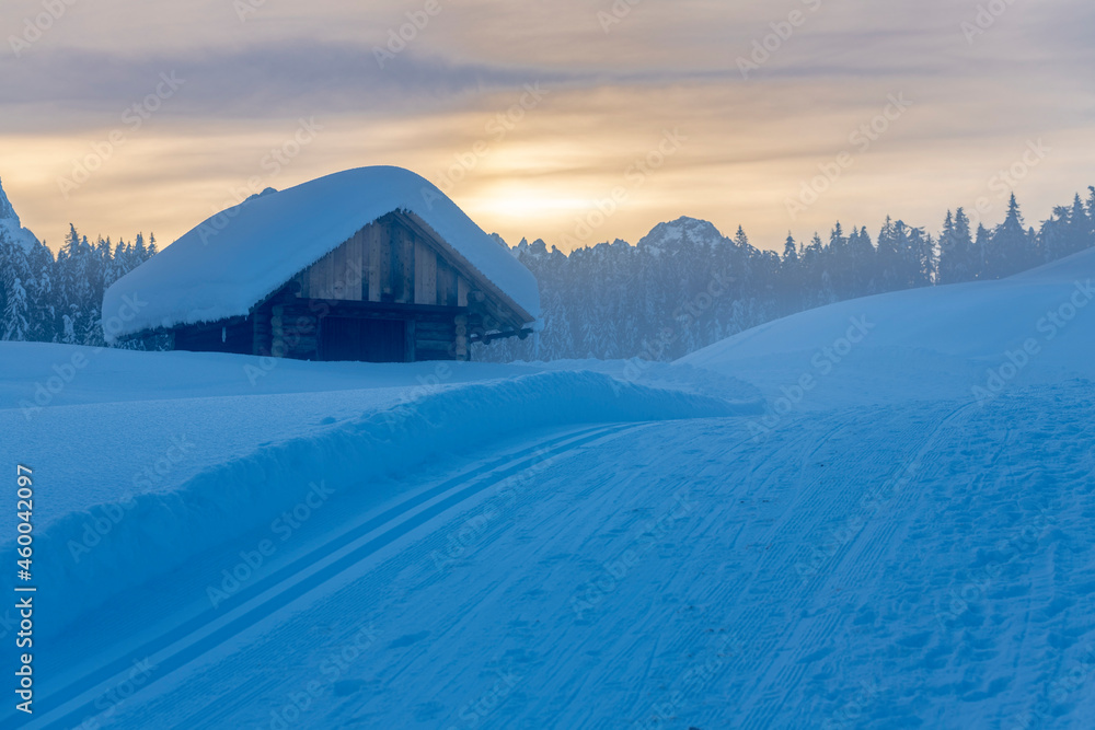 After the snowfall. Dusk on the Sappada plain. Magic of winter. After the snowfall. Dusk on the Sappada plain. Magic of winter.