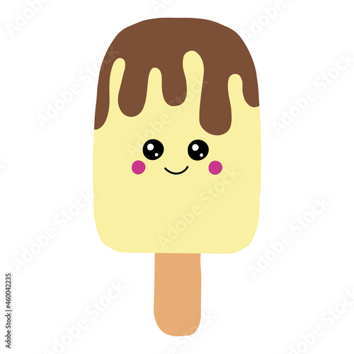Hello Summer ice cream, ice lolly pink, Kawaii with pink cheeks and eyes, isolated on white background. Vector