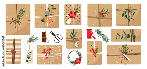 Set of various Christmas gifts in craft paper with twine ribbon. Rustic gift box. Eco decor, eucalyptus and spruce.