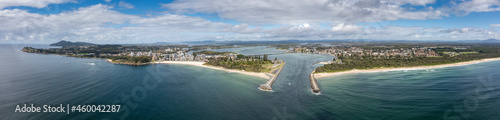 Aerial panorama of the beach and harbor at Forster in New South Wales, Australia