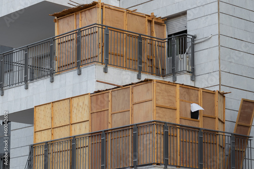Ahisamakh - israel. 20-09-2021. A wooden sukkah inside the balcony of a building, the Jewish holiday of Sukkot