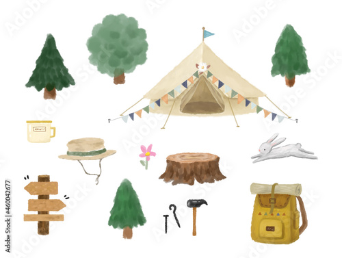 アウトドア・キャンプの手描きイラストセット