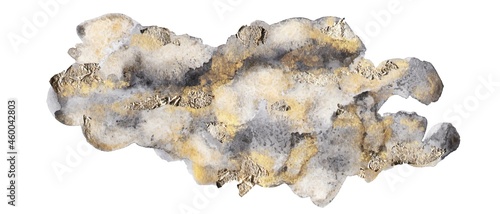 Grey, golden watercolor abstract wash, splotches. Shiny elegant, luxury hand painted background. Gold foil texture.