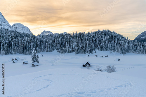 After the snowfall. Dusk on the Sappada plain. Magic of winter.