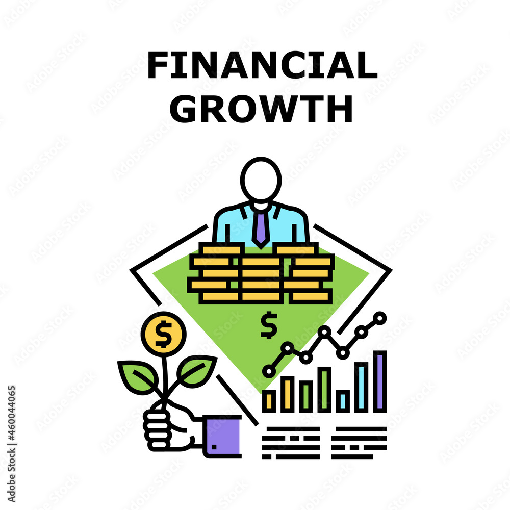 Financial Growth Vector Icon Concept. Financial Growth Profit And Revenue Increase, Businessman Earning And Saving Money, Finance Business Investment And Strategy. Color Illustration