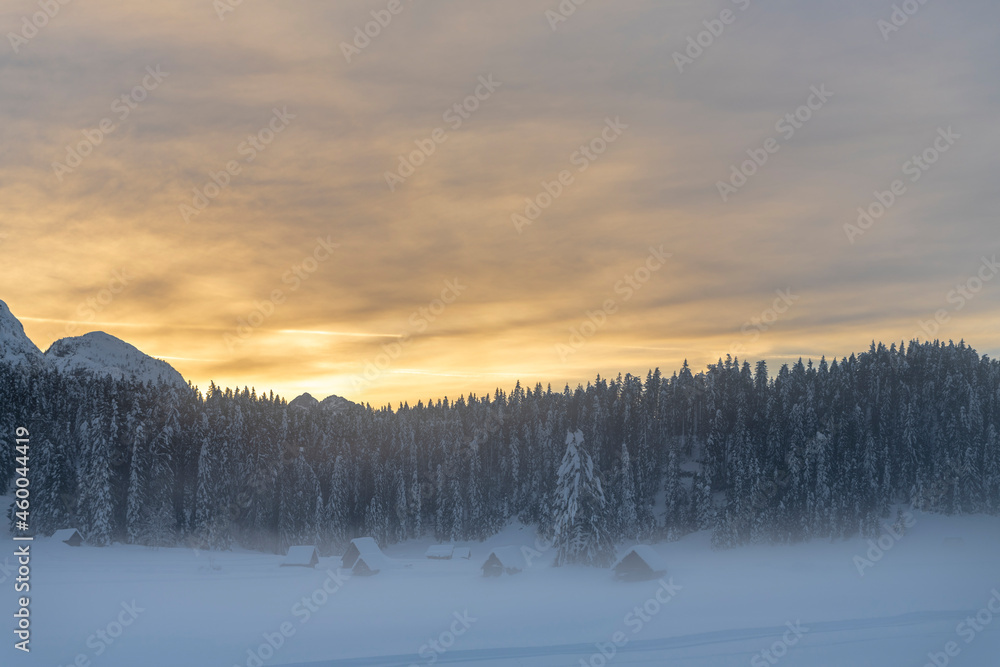 After the snowfall. Dusk on the Sappada plain. Magic of winter. After the snowfall. Dusk on the Sappada plain. Magic of winter.
