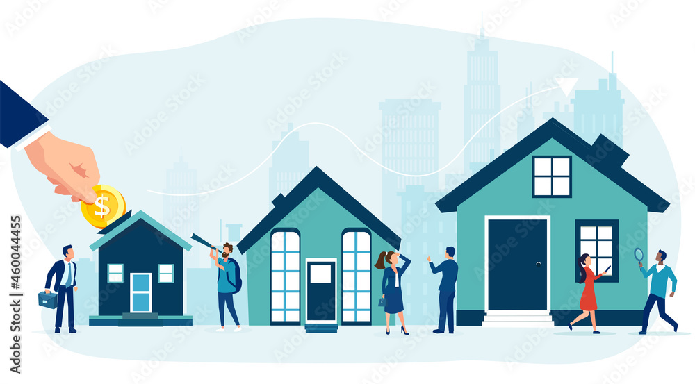 Vector of house buyers, sellers and bankers offering mortgage to buy a new home - obrazy, fototapety, plakaty 