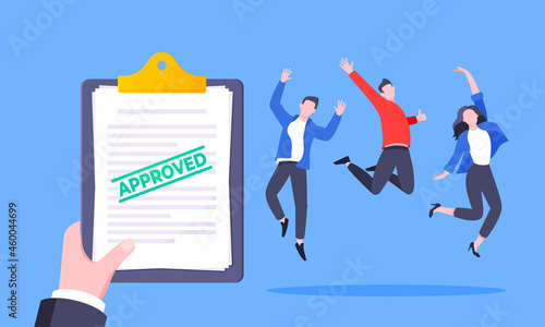 Fototapeta Naklejka Na Ścianę i Meble -  Job or university acceptance approve letter with paper sheets document. Employment offer, college acceptance success or business email form flat style design vector illustration.