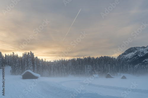 After the snowfall. Dusk on the Sappada plain. Magic of winter.