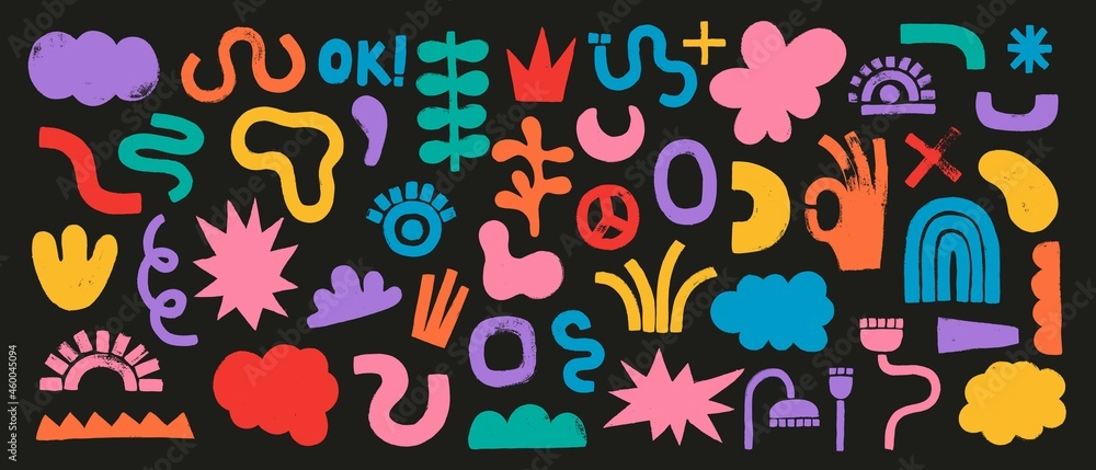 Big set of colorful hand painted various shapes, curls, forms and doodle objects.