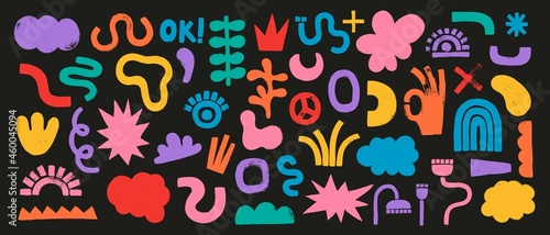 Big set of colorful hand painted various shapes  curls  forms and doodle objects.