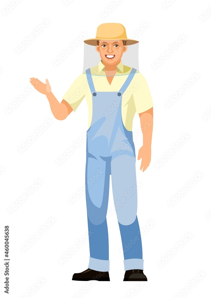 Beekeeper. Isolated on white background. Character in uniform and mesh protective hat. Person is a middle-aged man. Pointing hand gesture. Cute smiles. Vector