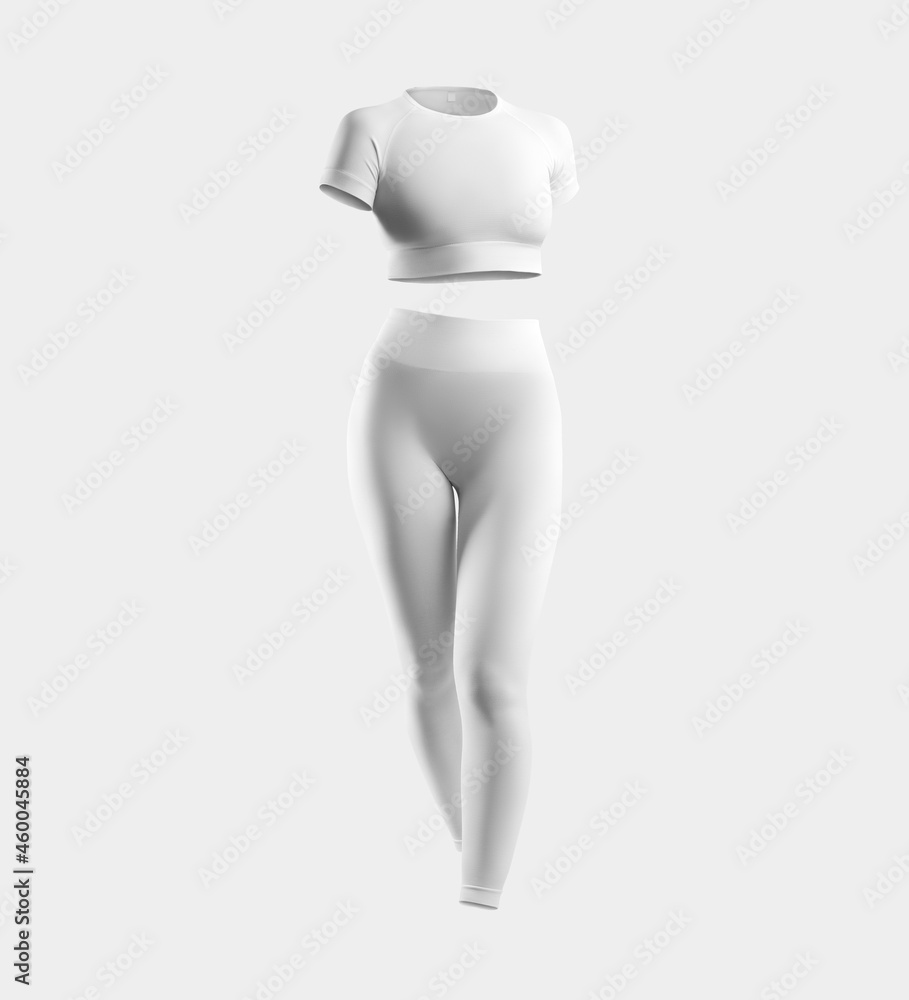 Mockup of fashionable women's sportswear, white compression underwear, no body, 3D rendering, isolated on background, front view. Mockup of fashionable women's sportswear, white compression underwear, no body, 3D rendering, isolated on background, front view.