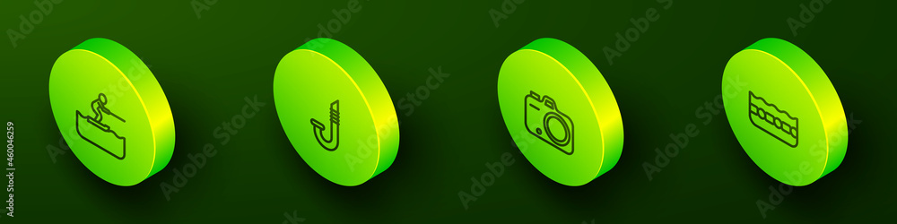 Set Isometric line Water skiing man, Snorkel, Photo camera and Swimming pool icon. Vector Set Isometric line Water skiing man, Snorkel, Photo camera and Swimming pool icon. Vector