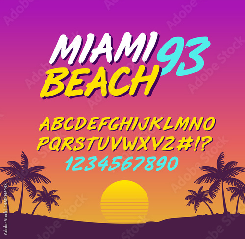 Miami beach trendy retro type font alphabet with numbers - vector template. Handwritten summer type font 80s style with vintage sunset, palms on the coast background. Gradient beach cover design