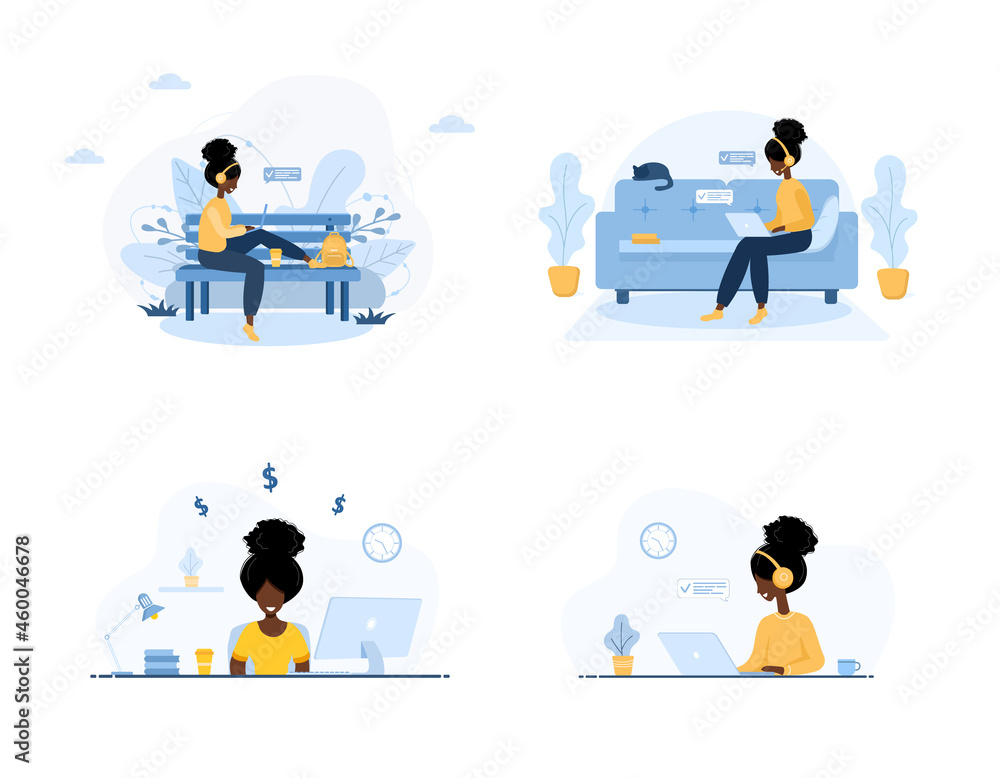 Work from home. Set of african women freelancer. Concept illustration for online working, studying, shopping, education. Girls with laptops chatting and blogging. Vector illustration in cartoon style.
