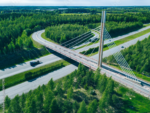 Aerial view of bridge over highway road in Finland.