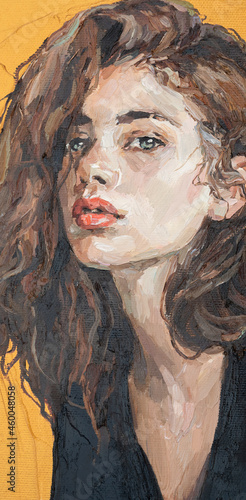 Fototapeta Naklejka Na Ścianę i Meble -  Portrait of a girl on a gold background. Portrait of a young beautiful women with red lips. Fragment of oil painting on canvas.