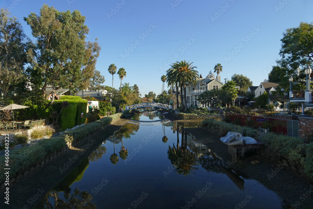 Los Angeles Venice canals, Italian-inspired artificial canals built in 1905, with sidewalks and bridges for pedestrians, California, United States