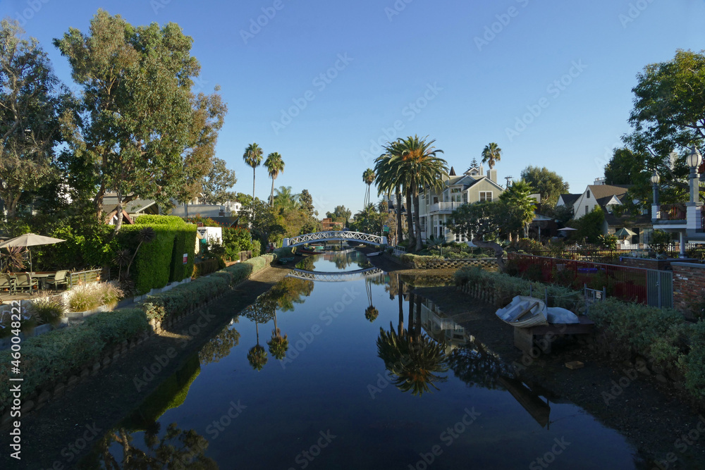 Los Angeles Venice canals, Italian-inspired artificial canals built in 1905, with sidewalks and bridges for pedestrians, California, United States Los Angeles Venice canals, Italian-inspired artificial canals built in 1905, with sidewalks and bridges for pedestrians, California, United States