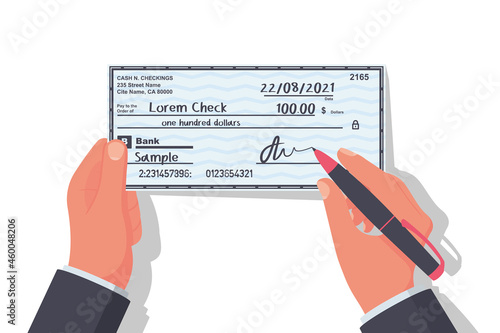 Businessman signs money check. Signature of a financial document. Bank check isolated on background. Vector illustration flat design. Template payment bank checks.