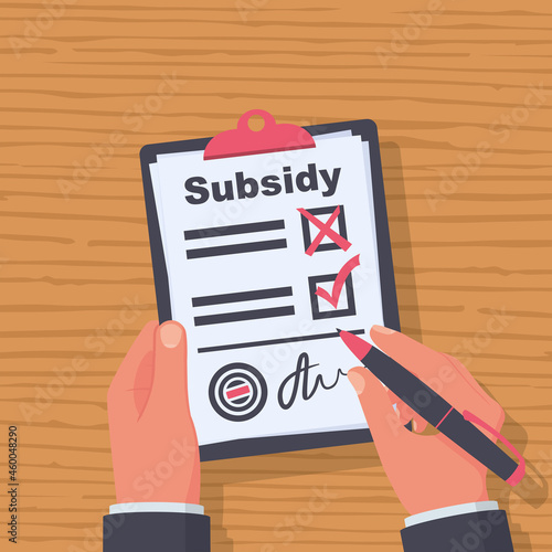 Registration of subsidies. Man writes a document. Sign the document, please get a discount on payment. Vector illustration flat design. Isolated on white background.