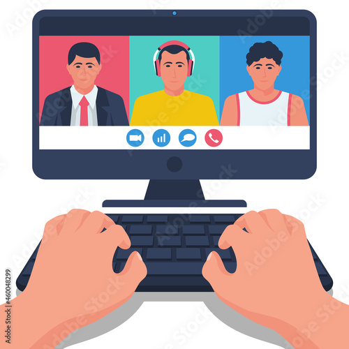 Videoconference concept. Online chat. Vector illustration flat design. Video conference, meeting. Team working by group video call brainstorming negotiating. Pc screen and modern people.