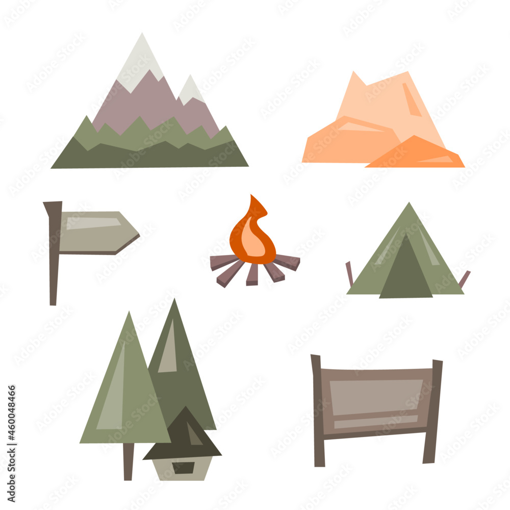 Collection of various icons on the theme of hiking and camping