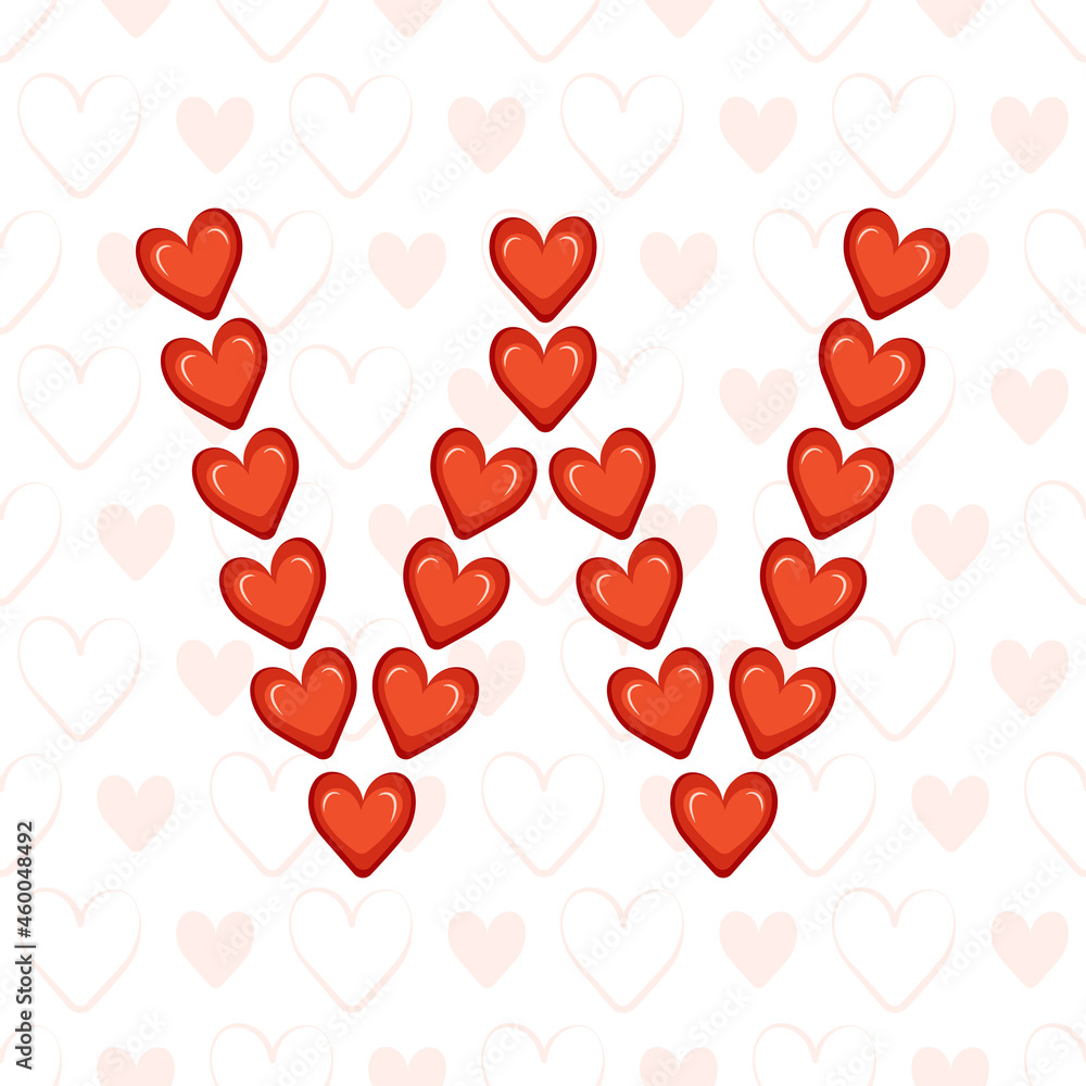 Letter W from red hearts on seamless pattern with love symbol. Festive font or decoration for valentine day, wedding, holiday and design