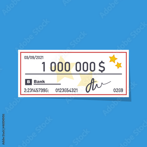 Bank check for one million dollars isolated on background. Vector illustration flat design. Template payment bank checks 1000000.