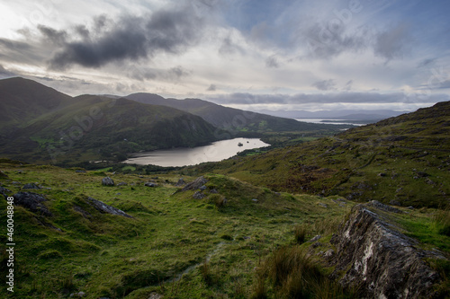 panorama view over lake and mountains in kerry, ireland