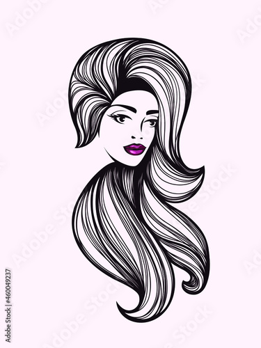 Beauty salon logo.Beautiful woman portrait.Long, wavy hairstyle icon.Spa, aesthetics, beautician, hair studio business.Modern, elegant, luxury, glamour style.Young lady face makeup.Red lipstick.