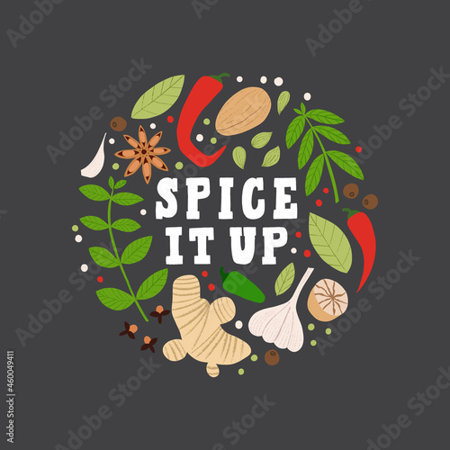 Spice It Up lettering poster for kitchen. Flat hand drawn spices with texture in circle vector illustration. Anise, pepper, nutmeg, herbs and others. Cute label for spice shop.