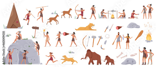 Prehistoric stone age cave people, tools and ancient wild animals vector illustration set. Cartoon caveman hunter characters of primal tribe hunt with weapon, cook food on fire isolated on white photo