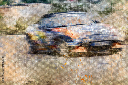 Black and orange sports car. Car on the racetrack. Digital watercolor painting.