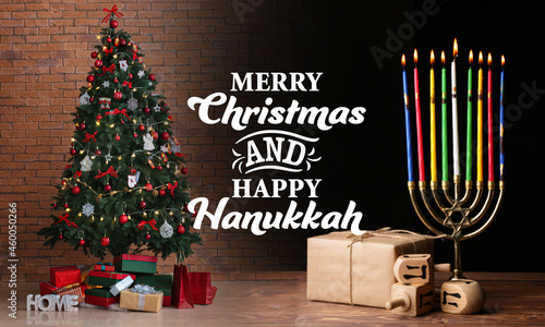 Beautiful greeting card for Happy Hanukkah and Merry Christmas photo