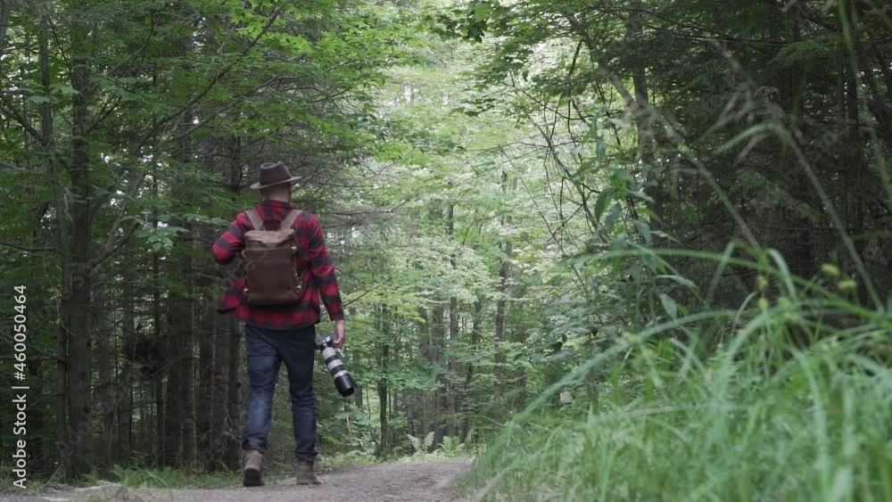 A young male adult photographer with a large camera in his hand walks down an open forest road surrouneded by green fauna and trees. He is wearing a red flannel and the footage is shot in slow motion A young male adult photographer with a large camera in his hand walks down an open forest road surrouneded by green fauna and trees. He is wearing a red flannel and the footage is shot in slow motion