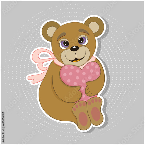 Happy bear with  heart.Cartoon drawing.  Can be used to print books  magazines  stickers greeting card  magnets  postcards and collages for web design.Valentine s Day. Childrens illustration.