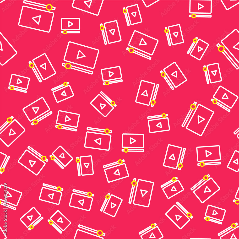 Line Online play video icon isolated seamless pattern on red background. Film strip with play sign. Vector Line Online play video icon isolated seamless pattern on red background. Film strip with play sign. Vector