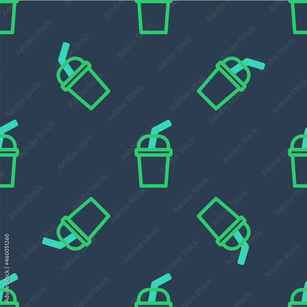 Line Paper glass with drinking straw and water icon isolated seamless pattern on blue background. Soda drink glass. Fresh cold beverage symbol. Vector Line Paper glass with drinking straw and water icon isolated seamless pattern on blue background. Soda drink glass. Fresh cold beverage symbol. Vector