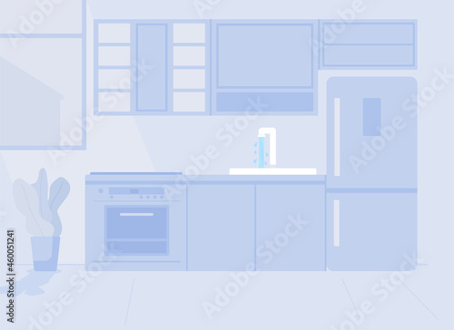 Blue monochrome kitchen flat color vector illustration. Modern furniture in dining room. Apartnment with appliance. Household 2D cartoon interior with modern furniture on background
