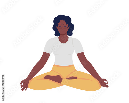 Meditating woman semi flat color vector character. Sitting figure. Full body person on white. Calm relaxed lady isolated modern cartoon style illustration for graphic design and animation