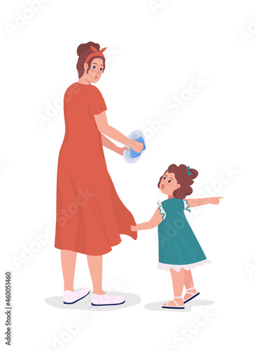 Daughter distracts mom semi flat color vector characters. Standing figures. Full body people on white. Family members isolated modern cartoon style illustration for graphic design and animation
