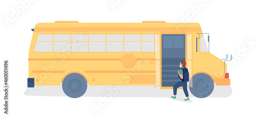 Child boarding school bus semi flat color vector character. Walking figure. Full body person on white. Family member isolated modern cartoon style illustration for graphic design and animation