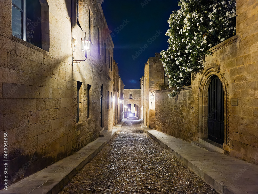 Medieval Avenue of the Knights at night in Rhodes Citadel, Greece