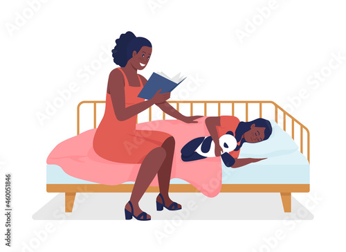 Mom reads for kid semi flat color vector characters. Sitting figures. Full body people on white. Family members isolated modern cartoon style illustration for graphic design and animation