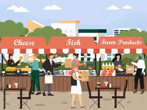 Local market place. People buying cheese, meat, fish, flat vector illustration. Eco farm natural organic food products